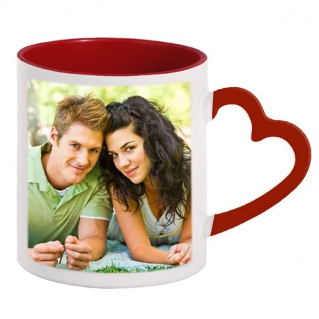 Cup with heart-shaped handle with colored interior and red handle 300ml.